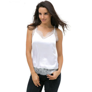 Soft Silk Crop Tops 2017 Summer Women Sexy Lace Sleeveless Casual Tank Tops  White Black T-Shirt
