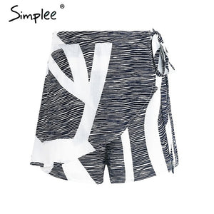 Simplee Asymmetrical geometric print women summer shorts High waist sashes fashion shorts Summer beach casual hot shorts 2017