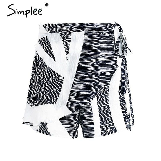Simplee Asymmetrical geometric print women summer shorts High waist sashes fashion shorts Summer beach casual hot shorts 2017