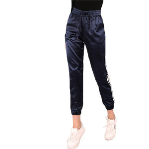 SHEIN Mid Waist Pants Women Satin Luxe Trainer Joggers Drawstring Waist Casual Trousers Women Loose Sweatpants
