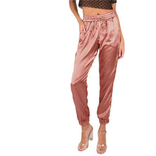Load image into Gallery viewer, SHEIN Mid Waist Pants Women Satin Luxe Trainer Joggers Drawstring Waist Casual Trousers Women Loose Sweatpants