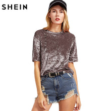 Load image into Gallery viewer, SHEIN T shirt Women Summer 2017 Womens Tops Coffee Short Sleeve Crushed Velvet T-shirt Casual Womens Tee Shirts