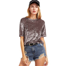 Load image into Gallery viewer, SHEIN T shirt Women Summer 2017 Womens Tops Coffee Short Sleeve Crushed Velvet T-shirt Casual Womens Tee Shirts