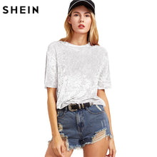 Load image into Gallery viewer, SHEIN Women Casual T-shirts Summer 2017 Ladies Tops White Short Sleeve Crushed Velvet T-shirt Round Neck Woman T shirt Top