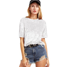 Load image into Gallery viewer, SHEIN Women Casual T-shirts Summer 2017 Ladies Tops White Short Sleeve Crushed Velvet T-shirt Round Neck Woman T shirt Top