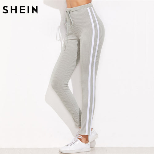 SHEIN High Waist Pants Trousers Women Drawstring Waist Skinny Pants Grey Ribbed Knit Striped Sideseam Sweatpants