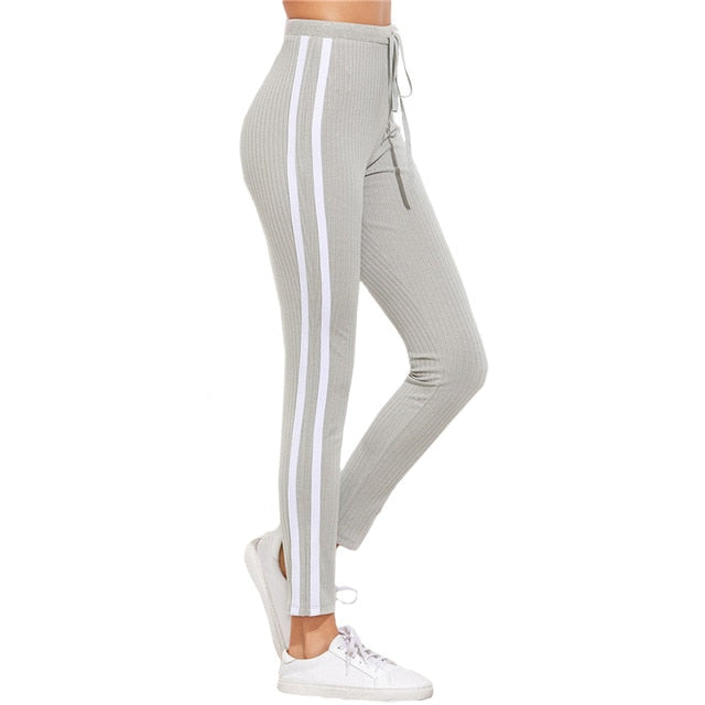 SHEIN High Waist Pants Trousers Women Drawstring Waist Skinny Pants Grey Ribbed Knit Striped Sideseam Sweatpants