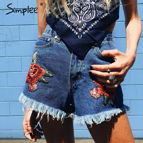 Simplee Flower embroidery high waist denim shorts women Casual zipper tassel fringe jeans shorts Summer pocket mini shorts