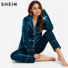 Load image into Gallery viewer, SHEIN Autumn Casual Pajamas for Women Sleepwear Blue Long Sleeve Notch Collar Binding Pocket Top and Pants Pajama Set