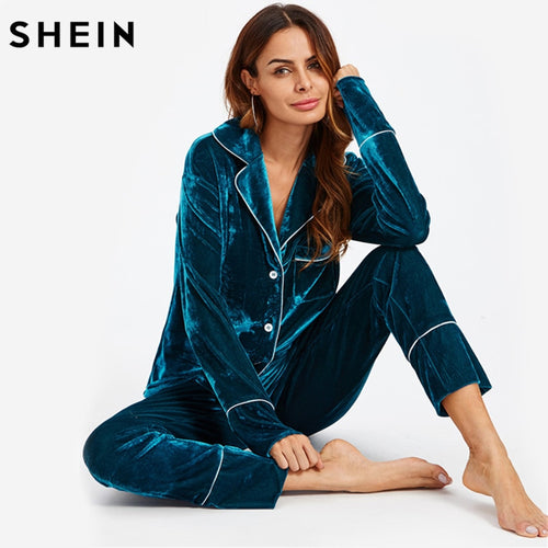 SHEIN Autumn Casual Pajamas for Women Sleepwear Blue Long Sleeve Notch Collar Binding Pocket Top and Pants Pajama Set