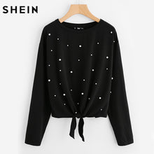 Load image into Gallery viewer, SHEIN Pearl Beaded Knot Front Cute Tee Shirt Black Casual T shirt for Women Long Sleeve Round Neck Women T-shirts