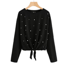 Load image into Gallery viewer, SHEIN Pearl Beaded Knot Front Cute Tee Shirt Black Casual T shirt for Women Long Sleeve Round Neck Women T-shirts