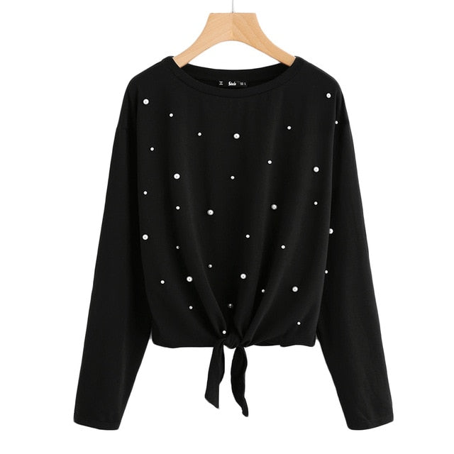 SHEIN Pearl Beaded Knot Front Cute Tee Shirt Black Casual T shirt for Women Long Sleeve Round Neck Women T-shirts