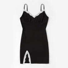 Load image into Gallery viewer, SHEIN Slit Side Lace Detail Cami Nightdress Women Sleepwear Black Spaghetti Strap Sexy V Neck Sleeveless Women Dress