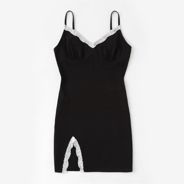 SHEIN Slit Side Lace Detail Cami Nightdress Women Sleepwear Black Spaghetti Strap Sexy V Neck Sleeveless Women Dress