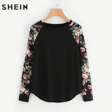 Load image into Gallery viewer, SHEIN Floral Raglan Sleeve Curved Hem Womens Tee Shirts Autumn Womens T shirts Casual Ladies Black Long Sleeve T shirt