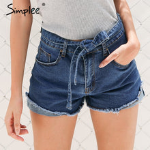 Load image into Gallery viewer, Simplee Denim shorts women buttons Elastic bow fringe blue high waist shorts Casual 2017 pockets sexy mini short jeans shorts