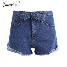 Load image into Gallery viewer, Simplee Denim shorts women buttons Elastic bow fringe blue high waist shorts Casual 2017 pockets sexy mini short jeans shorts