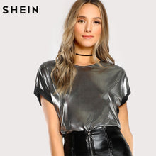 Load image into Gallery viewer, SHEIN Roll Cut Coated T-shirt Silver Short Sleeve O Neck Regular Fit T-shirt Ladies Party Summer T shirts for Women