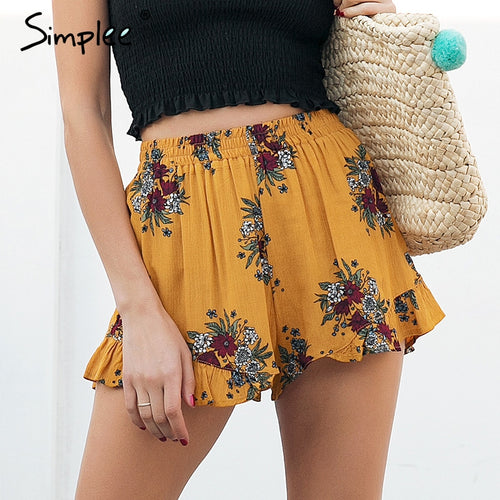 Simplee Floral print shorts women Elastiac waist pleated beach summer shorts Casual streetwear loose shorts 2018