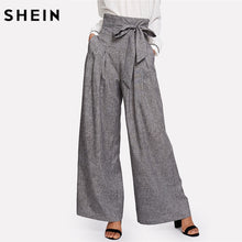 Load image into Gallery viewer, SHEIN Wide Leg Pants Women Zipper Fly Loose Trousers Women 2018 Grey High Waist Self Belted Box Pleated Palazzo Pants