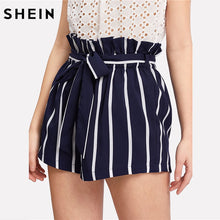Load image into Gallery viewer, SHEIN Belted Ruffle Waist Striped Boho Shorts Women Navy High Waist Loose Bottom Shorts 2018 Summer Beach Casual Shorts