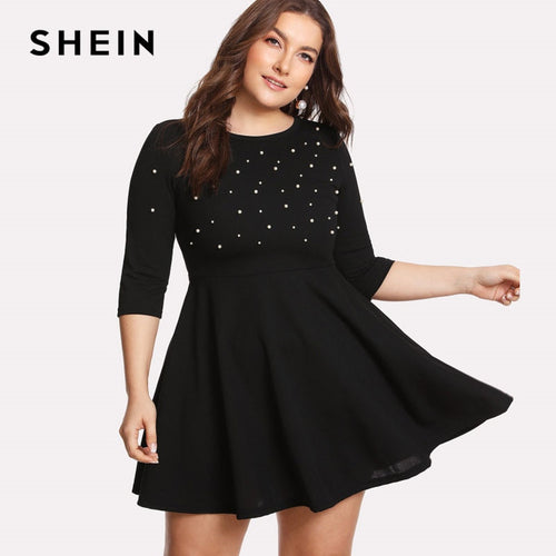 SHEIN Black Round Neck Spring Dress Plus Size Women Pearl Beading Fit & Flare Large Sizes Casual Long Sleeve Elegant Dress