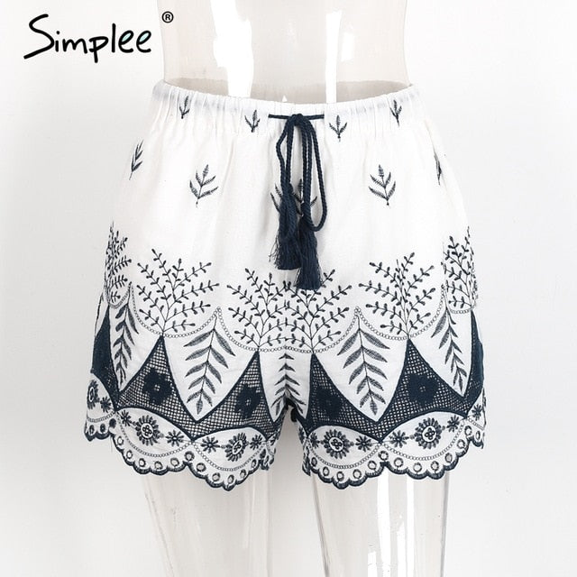 Simplee Embroidery tassel high waist shorts women Drawstring loose print shorts Casual fringe beach summer shorts femme 2018
