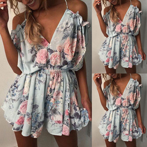 2018 New Women Jumpsuits V-Neck Ladies Sleeveless Bandage Playsuit Bodycon Floral Jumpsuit Romper Skirts-Liked Jumpsuits