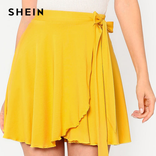 SHEIN 2018 Women's Summer Solid Yellow Skirts Elastic Waist Self Belted Overlap Skirt Elegant A Line Mid Waist Preppy Mini Skirt