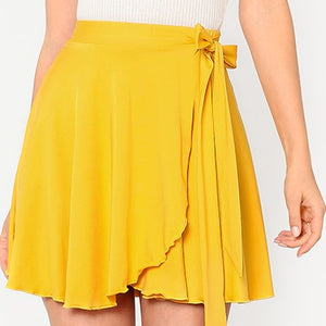 SHEIN 2018 Women's Summer Solid Yellow Skirts Elastic Waist Self Belted Overlap Skirt Elegant A Line Mid Waist Preppy Mini Skirt