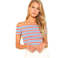 Load image into Gallery viewer, SHEIN Rib Knit Striped Bardot Tee Women Off The Shoulder Short Sleeve Slim Crop T-shirt 2018 Summer Female Sexy Party Top Tee