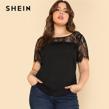 Load image into Gallery viewer, SHEIN Lace Yoke Curved Hem Tee 2018 Summer Black Round Neck Short Sleeve Modern Top Women Plus Size Elegant T-shirt