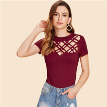 Load image into Gallery viewer, SHEIN Office Lady Workwear Maroon Elegant Geo Cut Out Insert Women T Shirt Round Neck Summer Tops for 2018 Women Casual Tee