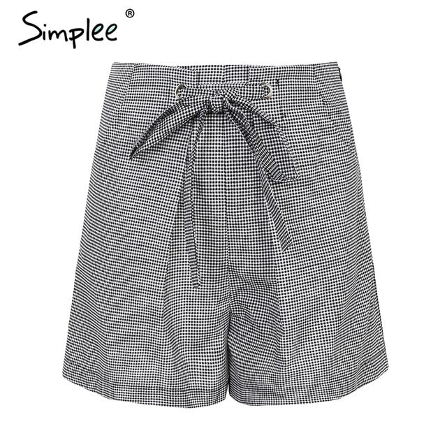 Simplee Tie up zipper plaid shorts women bottom Ring streetwear summer shorts 2018 Casual white zipper high waist shorts femme