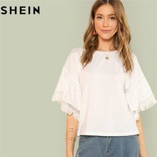 Load image into Gallery viewer, SHEIN White O Neck Contrast Lace Sleeve Woman Top Tee 2018 New Weekend Casual Fringe Detail Bell Sleeve Solid Stretchy T Shirt