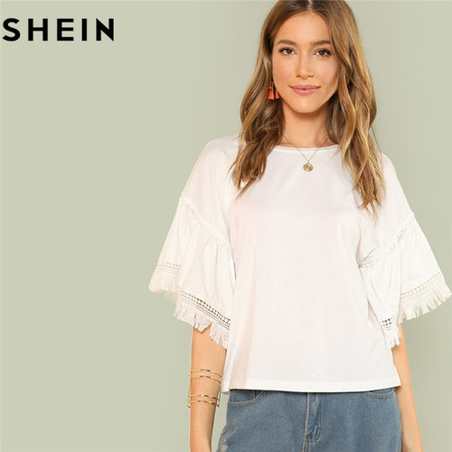 SHEIN White O Neck Contrast Lace Sleeve Woman Top Tee 2018 New Weekend Casual Fringe Detail Bell Sleeve Solid Stretchy T Shirt