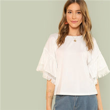 Load image into Gallery viewer, SHEIN White O Neck Contrast Lace Sleeve Woman Top Tee 2018 New Weekend Casual Fringe Detail Bell Sleeve Solid Stretchy T Shirt
