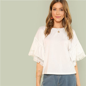 SHEIN White O Neck Contrast Lace Sleeve Woman Top Tee 2018 New Weekend Casual Fringe Detail Bell Sleeve Solid Stretchy T Shirt