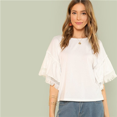 SHEIN White O Neck Contrast Lace Sleeve Woman Top Tee 2018 New Weekend Casual Fringe Detail Bell Sleeve Solid Stretchy T Shirt