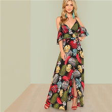 Load image into Gallery viewer, SHEIN Summer Boho Floral Print Sexy Deep V Neck Open Shoulder Maxi Dress Women Beach Vacation High Waist Surplice Wrap Dresses