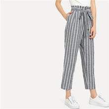Load image into Gallery viewer, SHEIN Grey Vacation Boho Bohemian Beach Self Belted Striped Tapered High Waist Pants Summer Women Weekend Casual Carrot Trousers