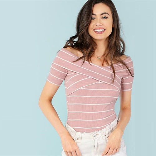 SHEIN Crisscross Front Striped Ribbed Tee Women Elegant Off the Shoulder Short Sleeve Top 2018 Summer Pink Striped T-shirt