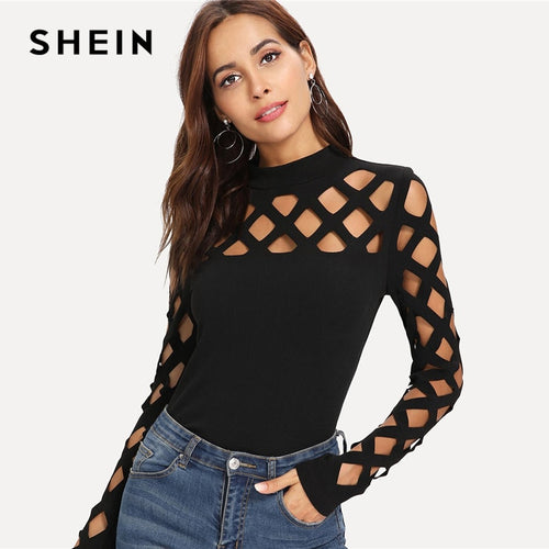 SHEIN Black Streetwear Party Elegant Sexy Workwear Square Cutout Shoulder Fitted Skinny Tee Autumn Women Office Lady T-shirt Top