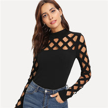 Load image into Gallery viewer, SHEIN Black Streetwear Party Elegant Sexy Workwear Square Cutout Shoulder Fitted Skinny Tee Autumn Women Office Lady T-shirt Top