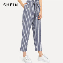 Load image into Gallery viewer, SHEIN Self Belted Striped Tapered Pants Blue High Waist Zipper Fly Crop Casual Trousers Women Autumn Pocket Pants
