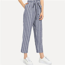 Load image into Gallery viewer, SHEIN Self Belted Striped Tapered Pants Blue High Waist Zipper Fly Crop Casual Trousers Women Autumn Pocket Pants