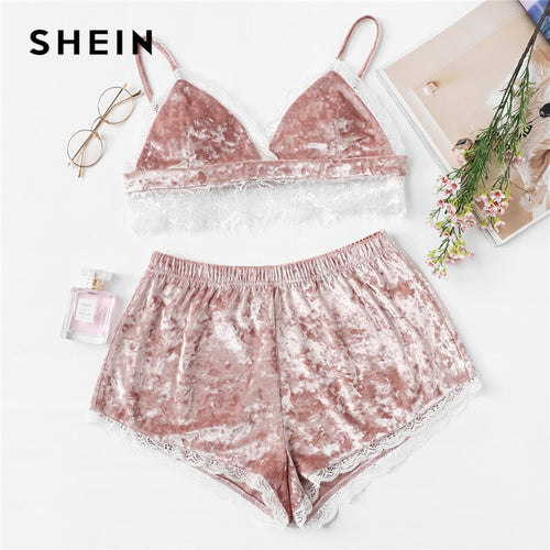 SHEIN Pink Eyelash Lace Trim Velvet Cami Top and Shorts PJ Set Sexy Spaghetti Strap V Neck Sleeveless Stretchy Summer Pajama Set