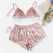 Load image into Gallery viewer, SHEIN Pink Eyelash Lace Trim Velvet Cami Top and Shorts PJ Set Sexy Spaghetti Strap V Neck Sleeveless Stretchy Summer Pajama Set