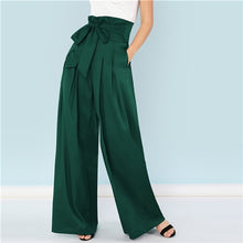 Load image into Gallery viewer, SHEIN Green Elegant Office Lady Self Belted Box Pleated Palazzo High Waist Minimalist Wide Leg Pants 2018 Autumn Casual Trousers